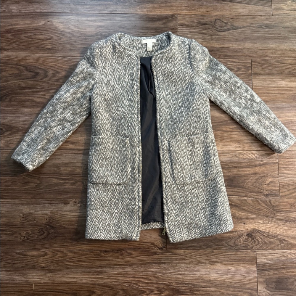 H&M Wool Blend Gray Herringbone Longline Coat